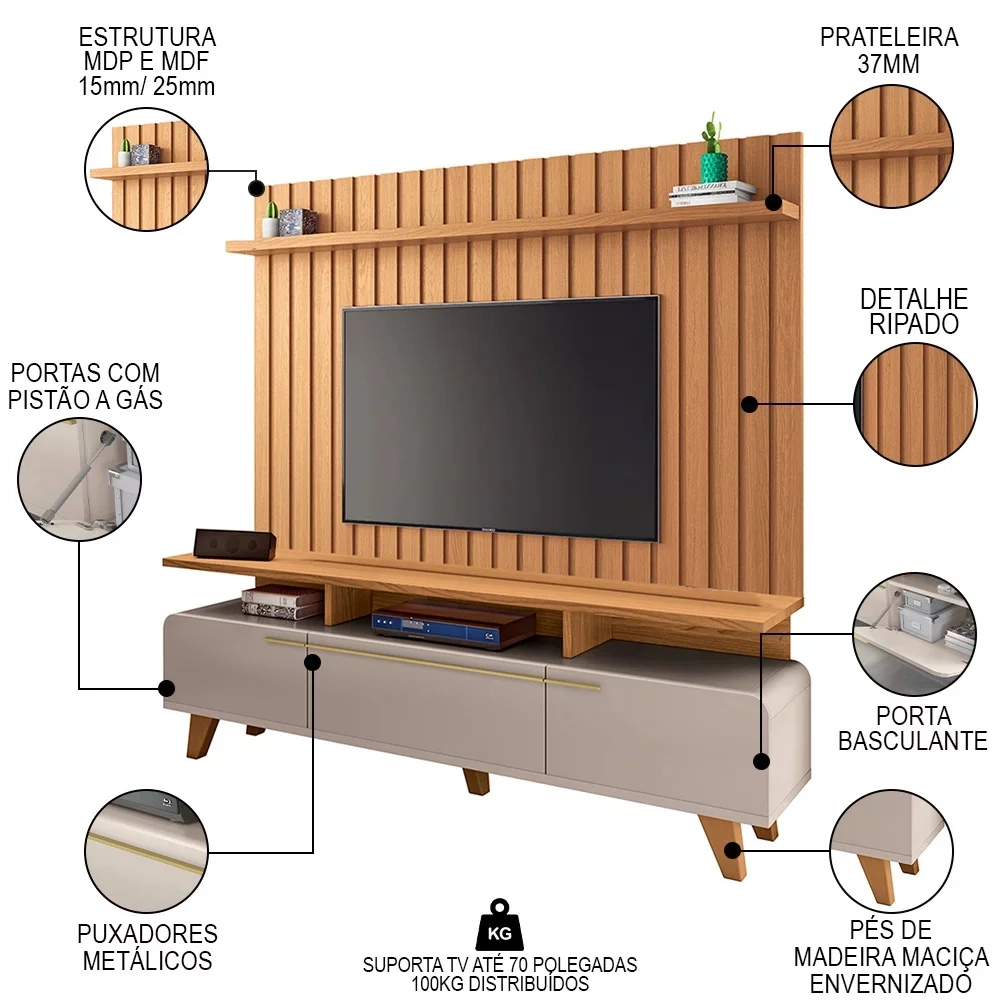Painel para TV 70 Pol Ripado 2.0 e Rack Bancada Amago H01 Off White/Cinamomo - Mpozenato