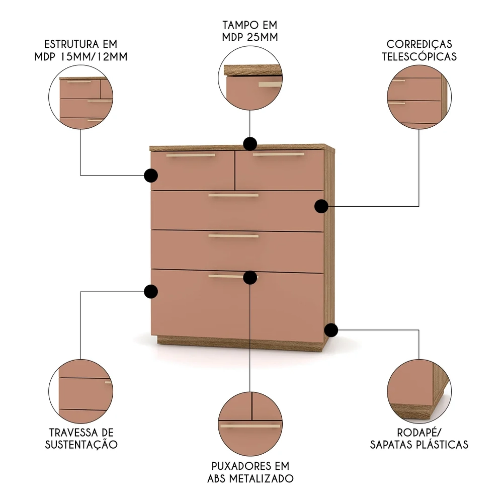 Cômoda para Quarto 5 Gavetas 90cm Dubai Nature/Camarim - Vila Rica