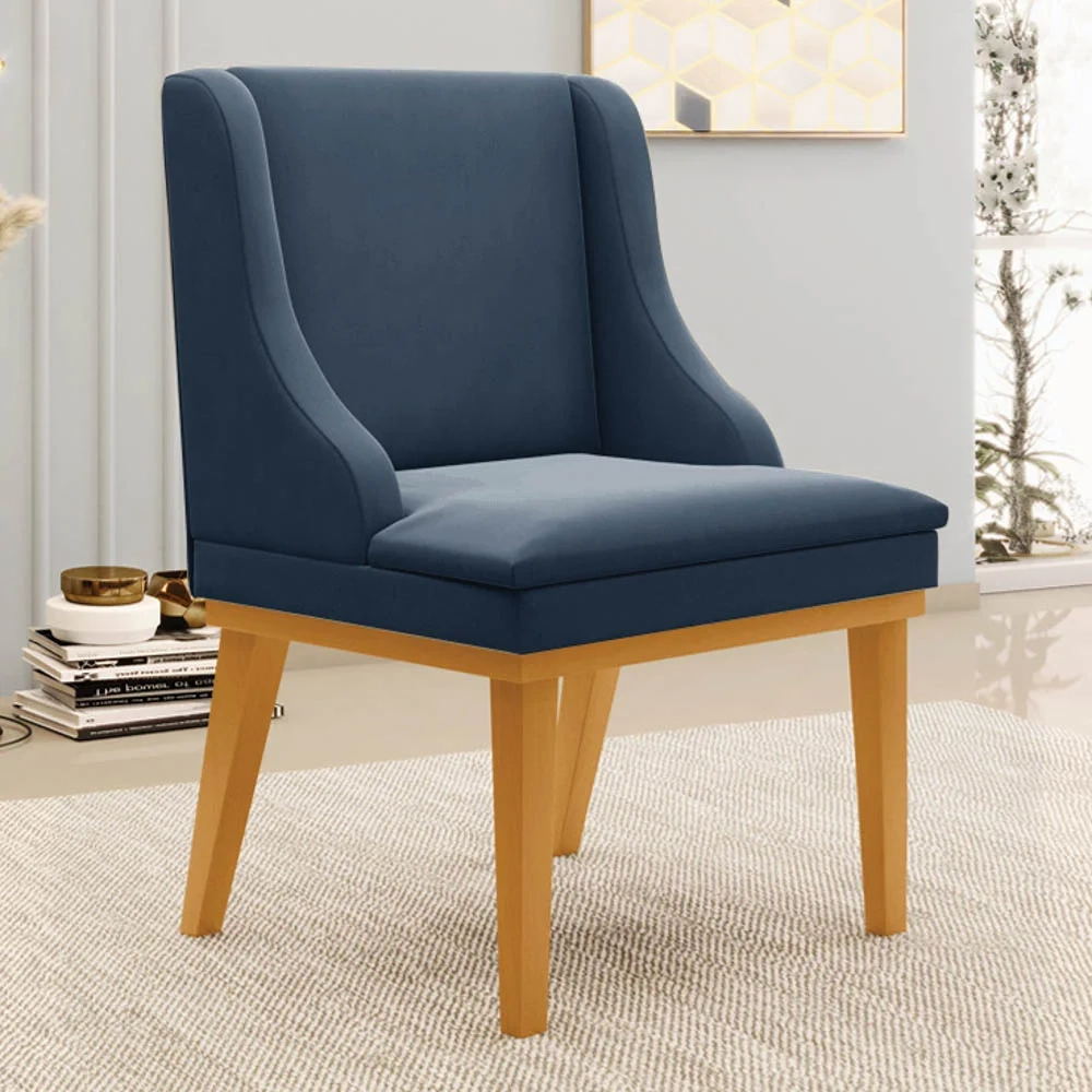 Kit 2 Cadeiras Estofadas para Sala de Jantar Base Fixa de Madeira Castanho Lia Suede Azul Marinho - Ibiza