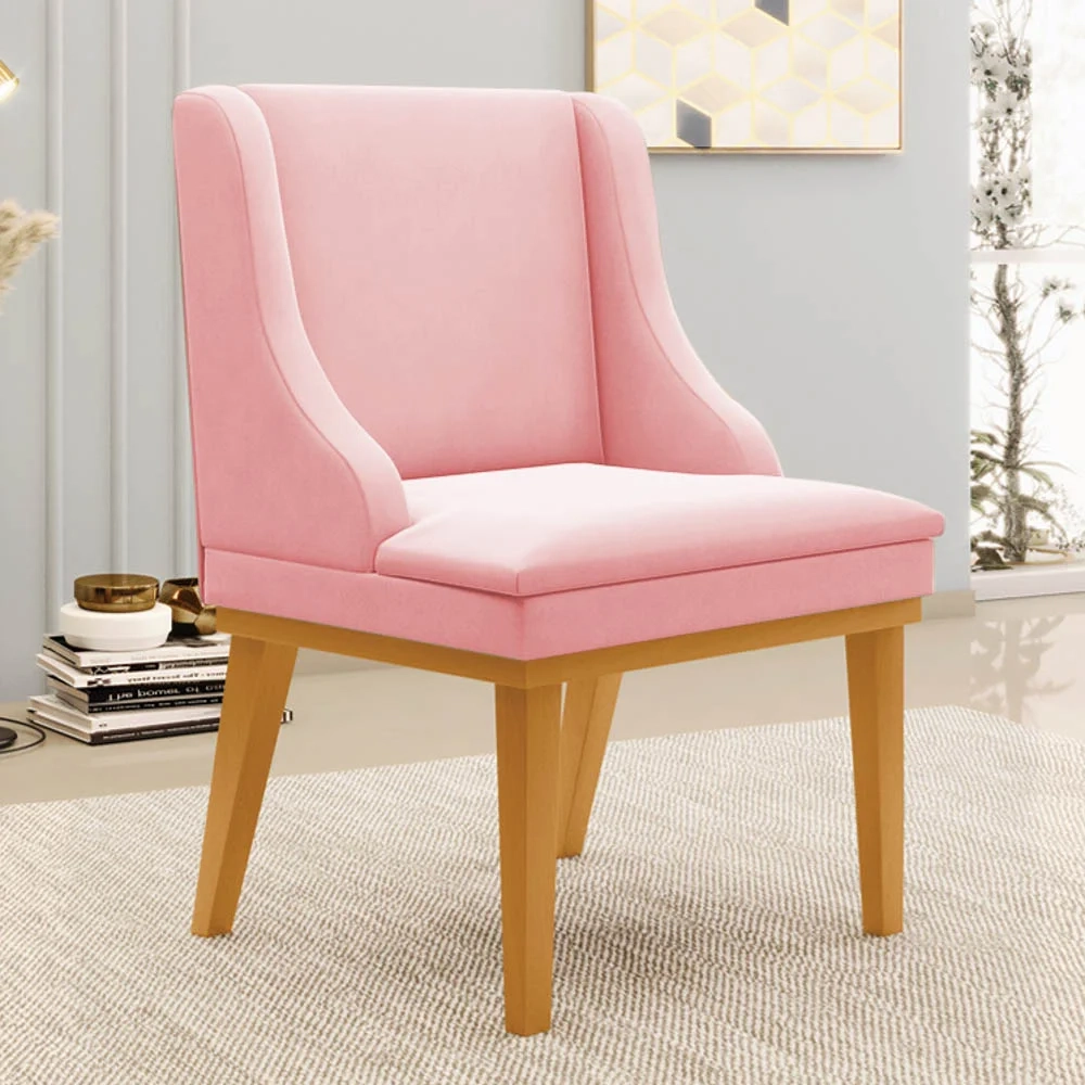 Kit 2 Cadeiras Estofadas para Sala de Jantar Base Fixa de Madeira Castanho Lia Suede Rosa bebê - Ibiza