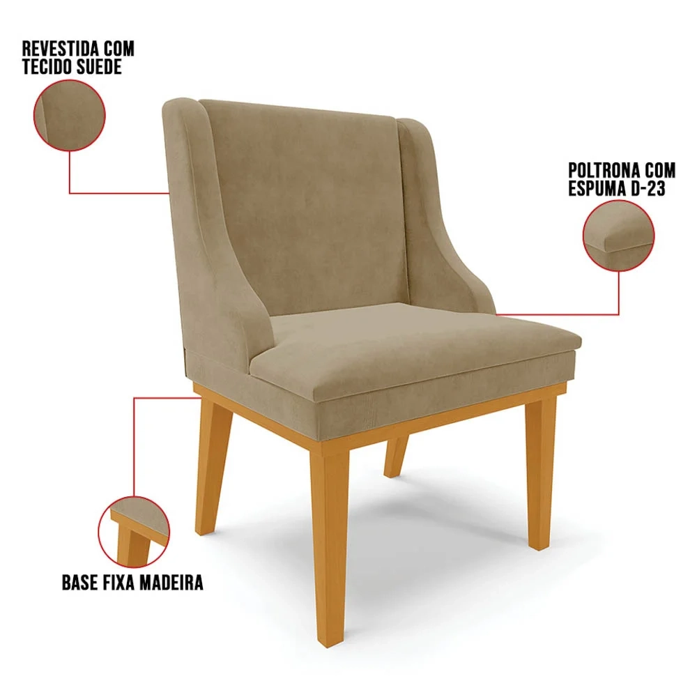 Kit 4 Cadeiras Estofadas para Sala de Jantar Base Fixa de Madeira Castanho Lia Suede Marrom RT - Ibiza