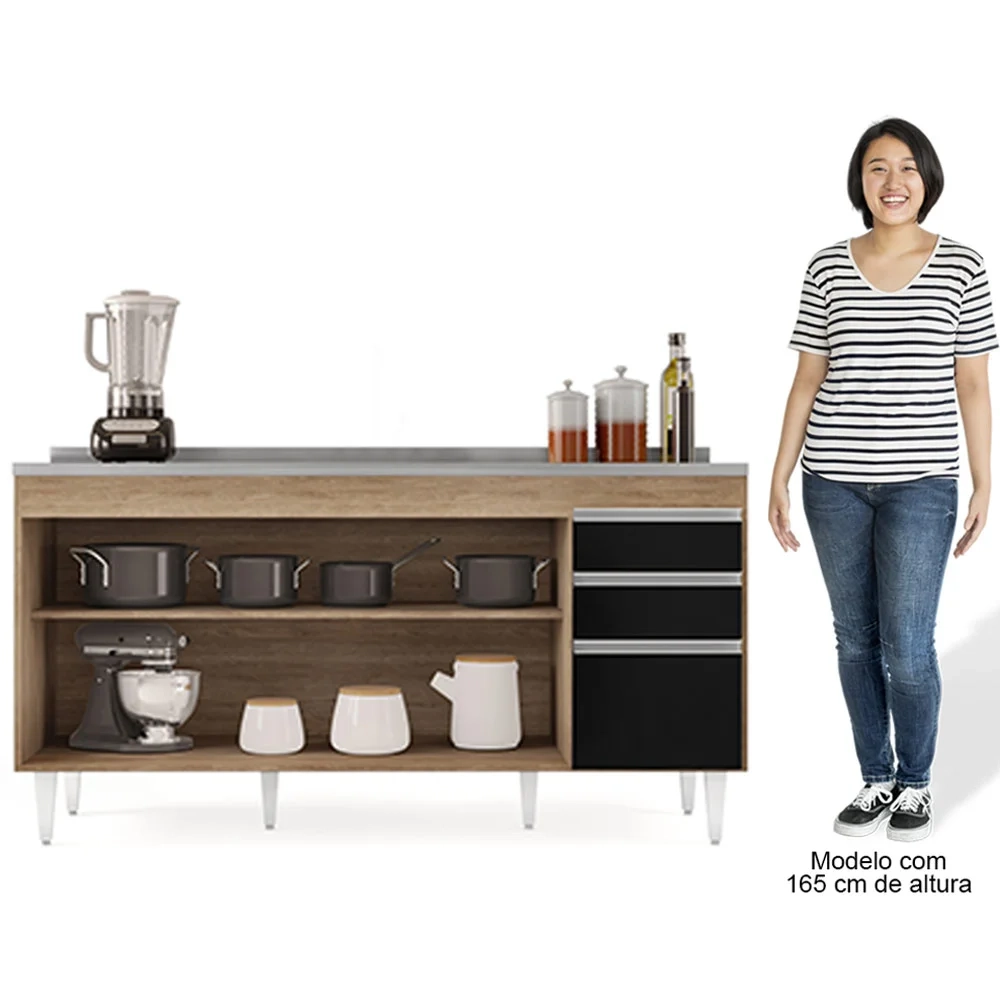 Balcão Gabinete com Pia Inox 160cm Arkansas Castanho/Preto – Lumil