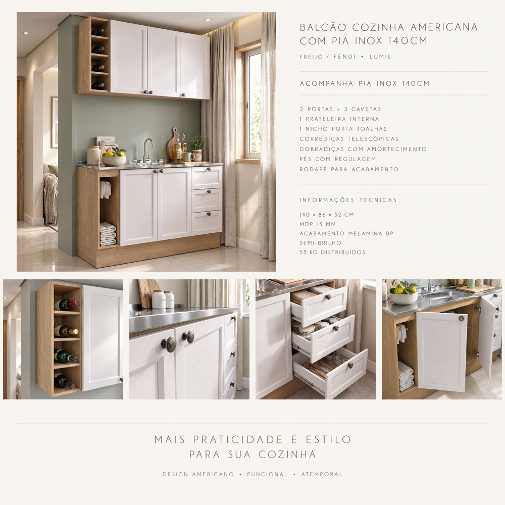 Balcão Cozinha Com Pia 140cm E Armário Cozinha Americana Lara Freijó/branco - Lumil