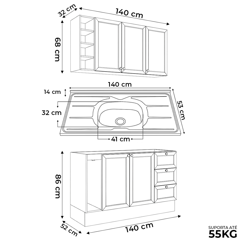 Balcão Cozinha Com Pia 140cm E Armário Cozinha Americana Lara Freijó/branco - Lumil