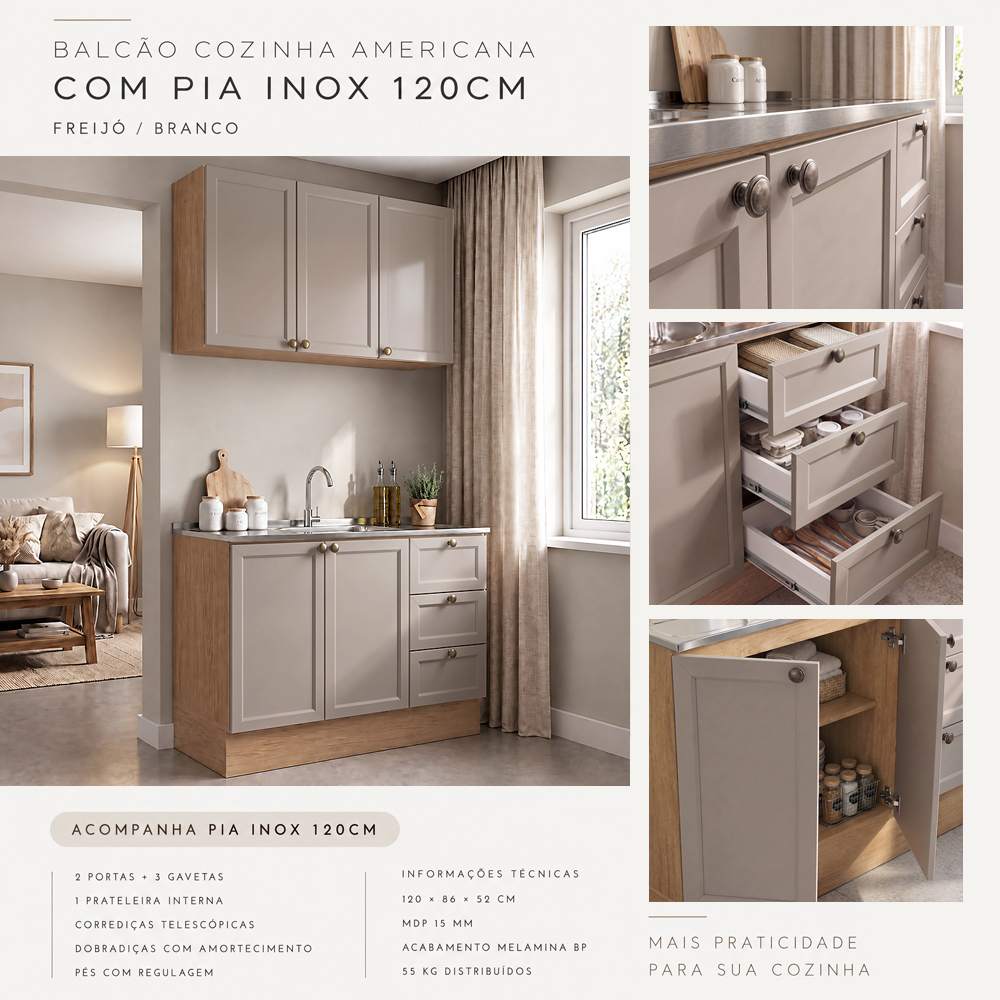 Balcão Cozinha Com Pia 120cm E Armário Cozinha Americana Lara Freijó/fendi - Lumil
