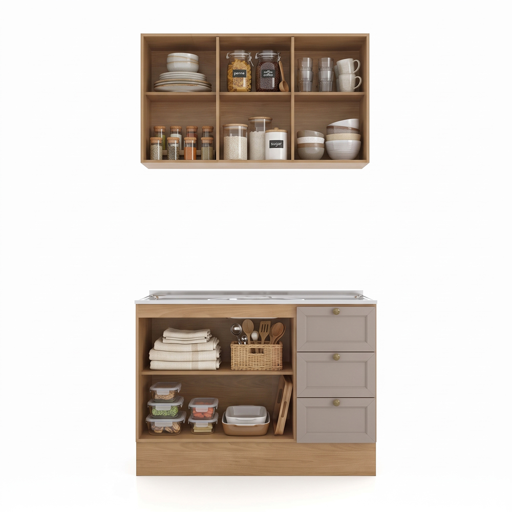 Balcão Cozinha Com Pia 120cm E Armário Cozinha Americana Lara Freijó/fendi - Lumil