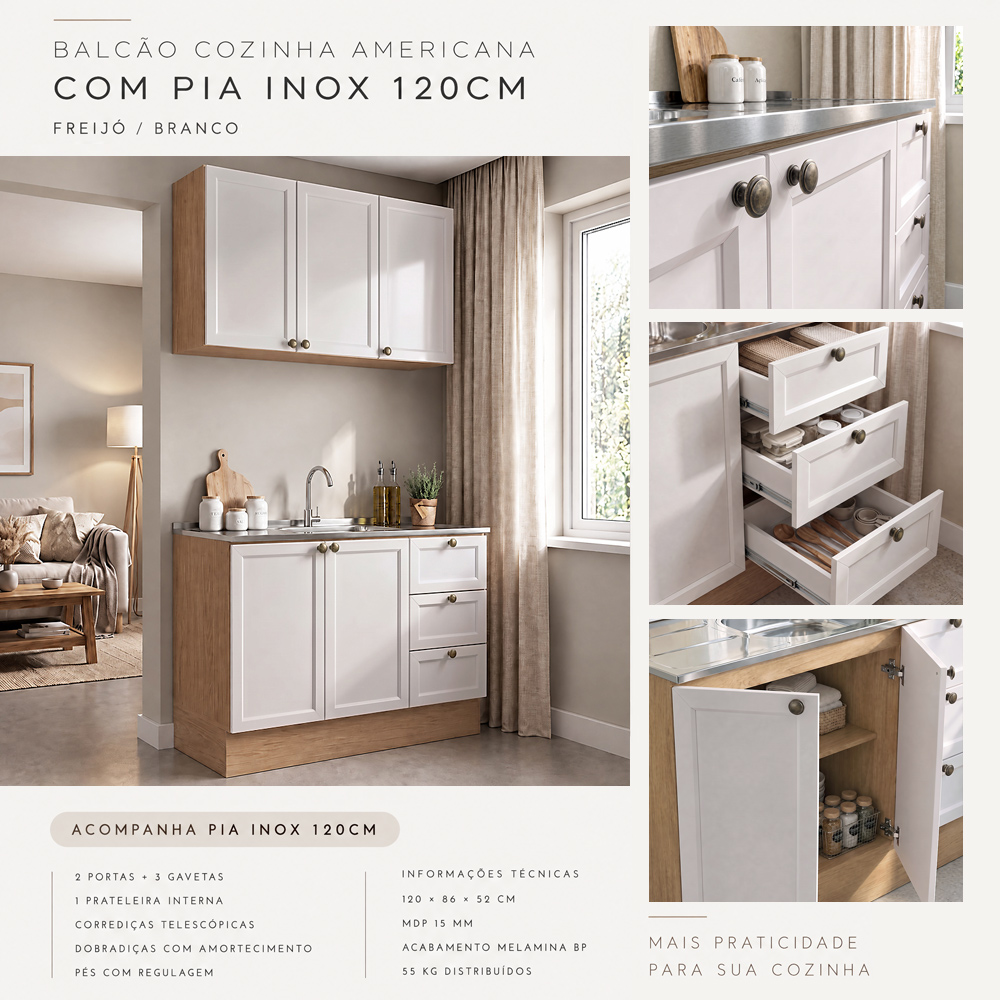 Balcão Cozinha Com Pia 120cm E Armário Cozinha Americana Lara Freijó/branco - Lumil