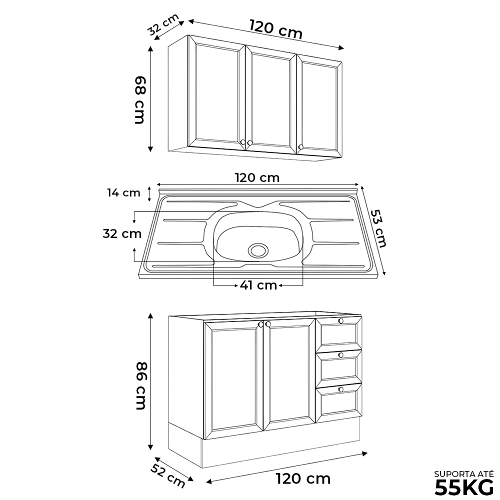Balcão Cozinha Com Pia 120cm E Armário Cozinha Americana Lara Freijó/branco - Lumil
