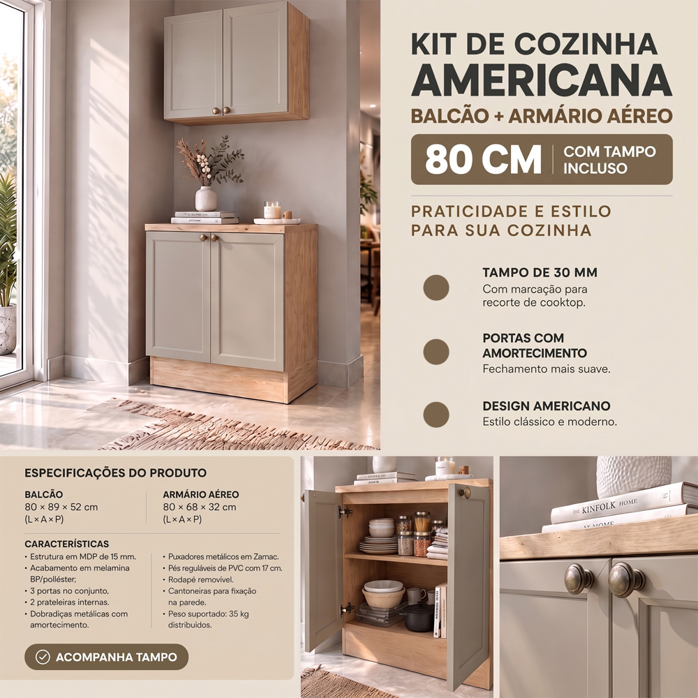 Balcão E Armário Cozinha Americana 80cm Lara Freijó/fendi - Lumil
