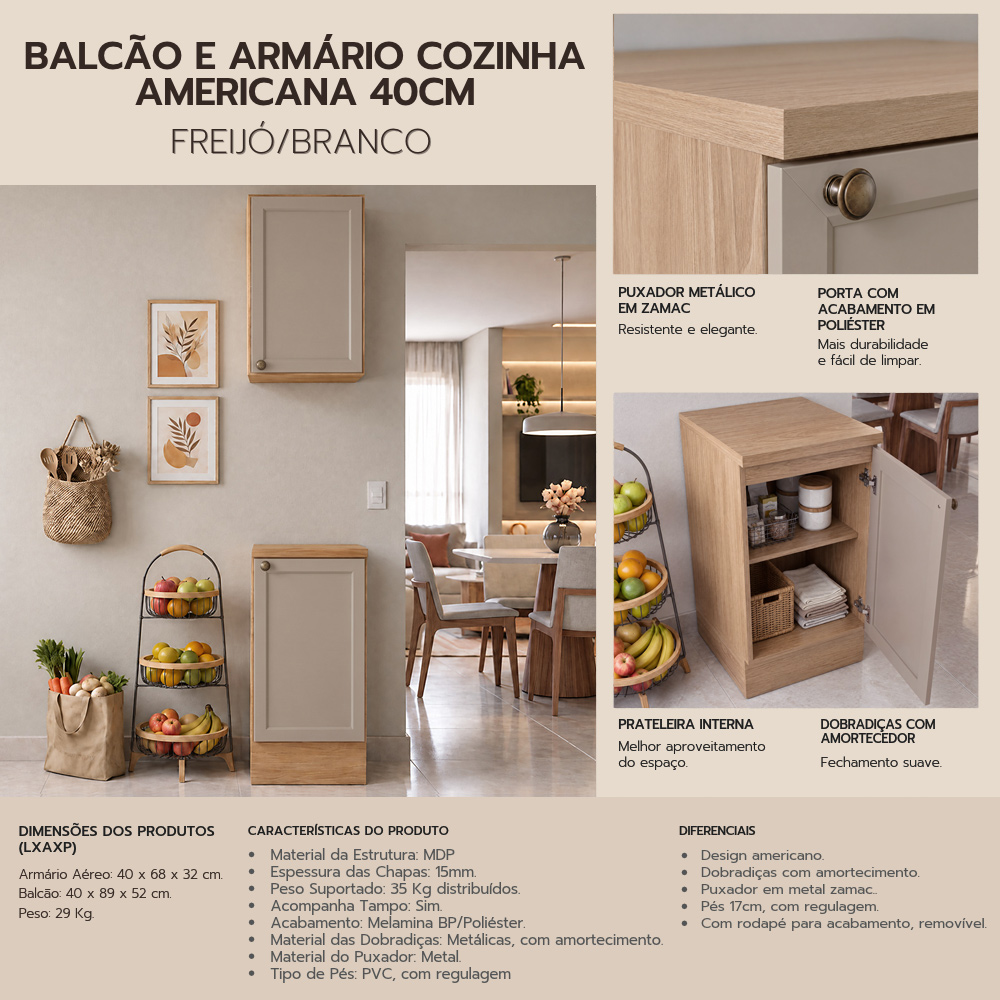 Balcão E Armário Cozinha Americana 40cm Lara Freijó/fendi - Lumil