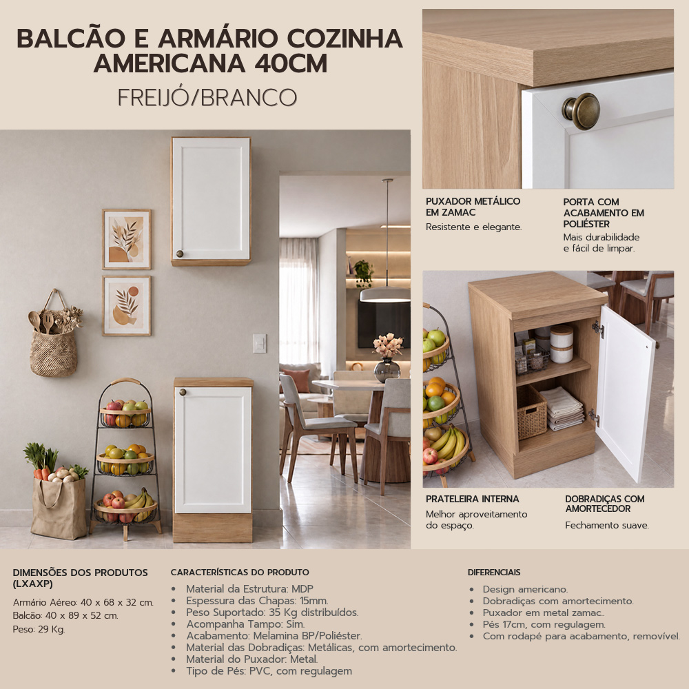 Balcão E Armário Cozinha Americana 40cm Lara Freijó/branco - Lumil