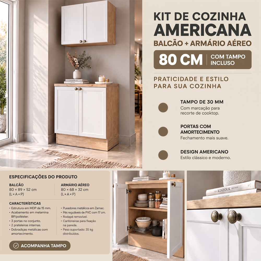 Balcão E Armário Cozinha Americana 80cm Lara Freijó/branco - Lumil