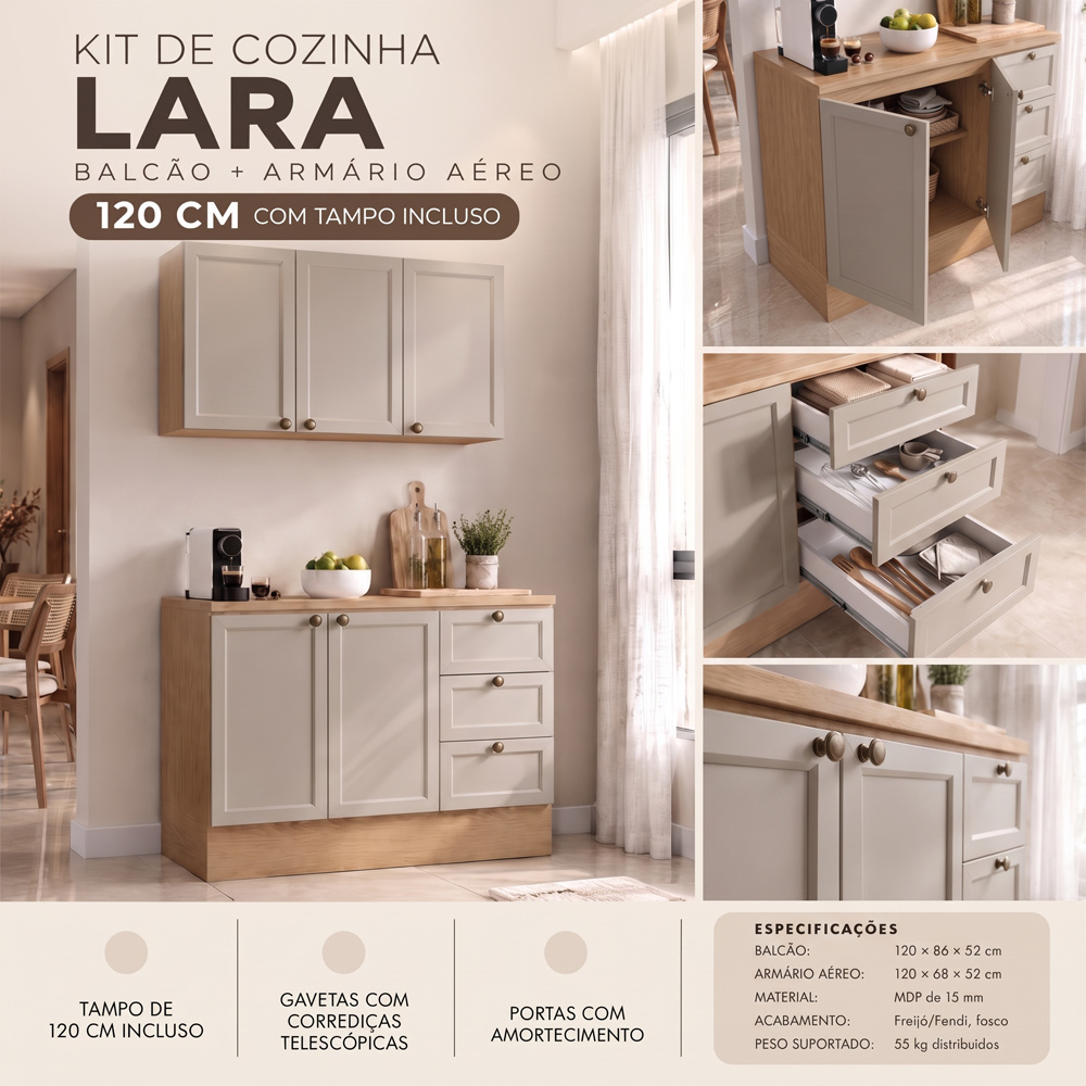 Balcão Cozinha Com Tampo 120cm E Armário Cozinha Americana Lara Freijó/fendi - Lumil