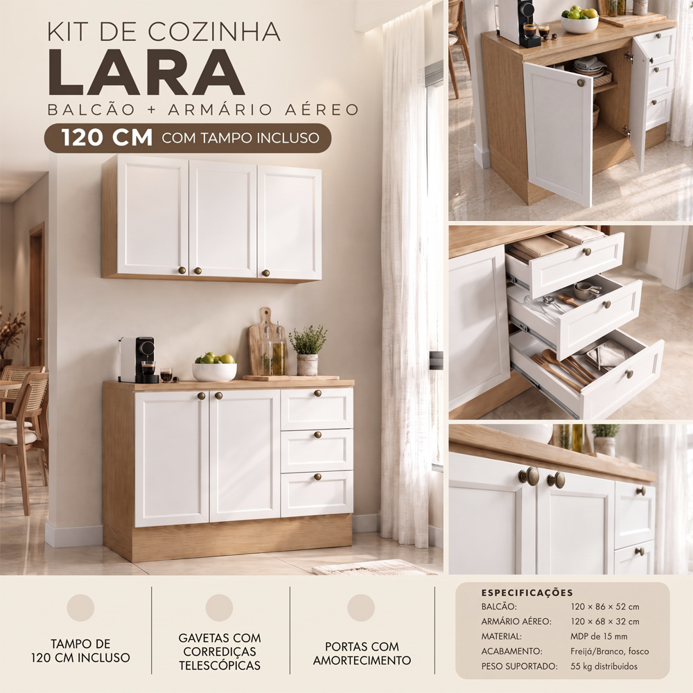 Balcão Cozinha Com Tampo 120cm E Armário Cozinha Americana Lara Freijó/branco - Lumil