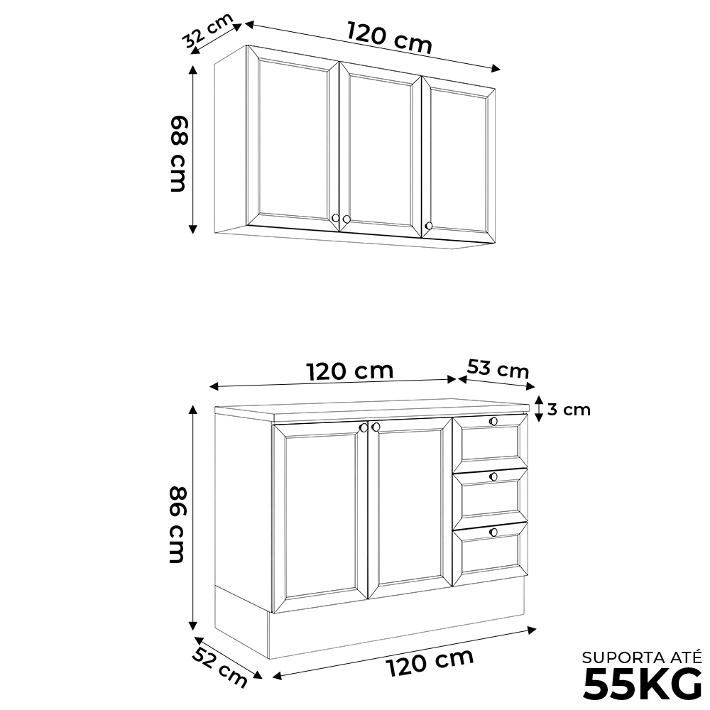 Balcão Cozinha Com Tampo 120cm E Armário Cozinha Americana Lara Freijó/branco - Lumil
