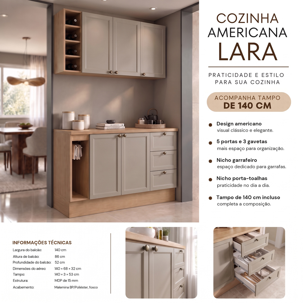Balcão Cozinha Com Tampo 140cm E Armário Cozinha Americana Lara Freijó/fendi - Lumil
