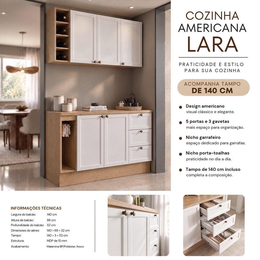 Balcão Cozinha Com Tampo 140cm E Armário Cozinha Americana Lara Freijó/branco - Lumil