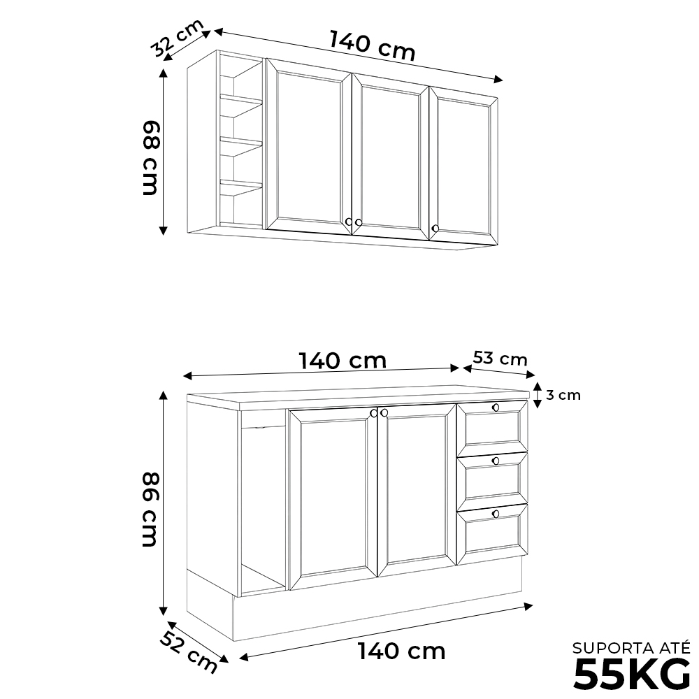 Balcão Cozinha Com Tampo 140cm E Armário Cozinha Americana Lara Freijó/branco - Lumil