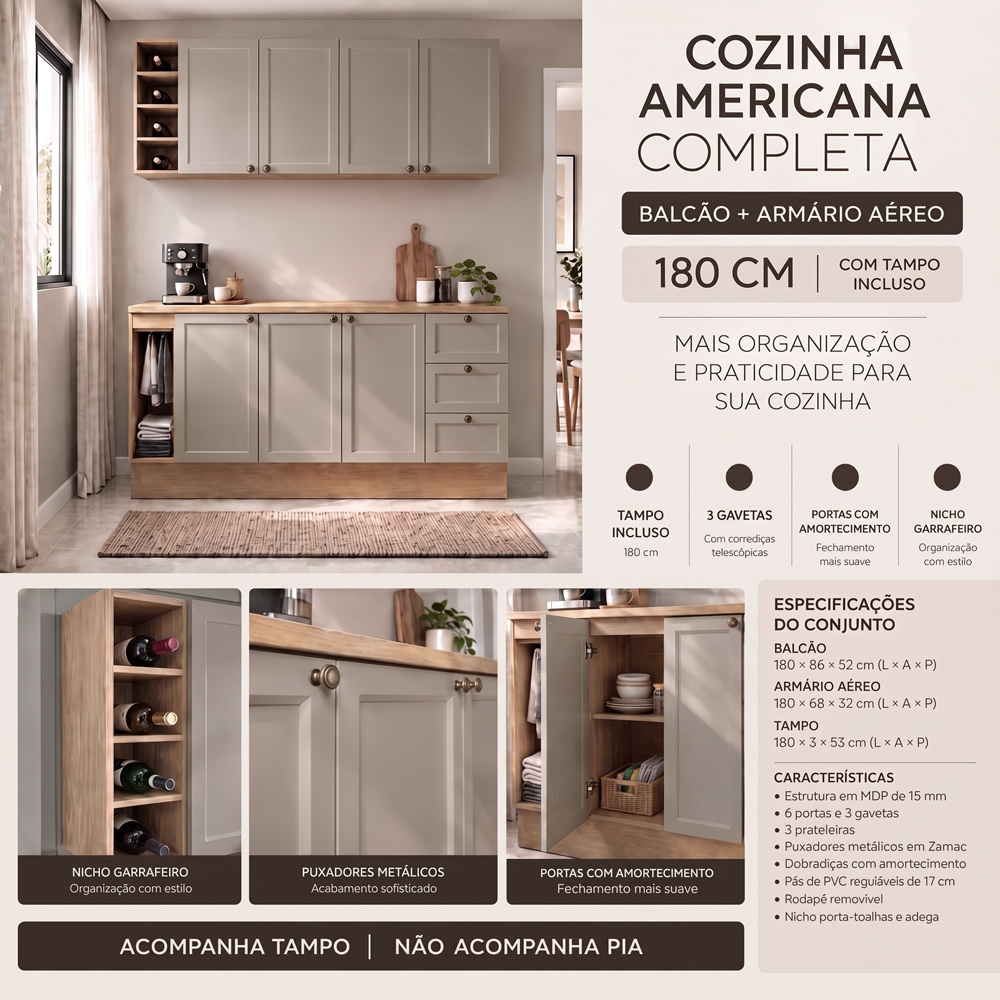 Balcão Cozinha Com Tampo 180cm E Armário Cozinha Americana Lara Freijó/fendi - Lumil