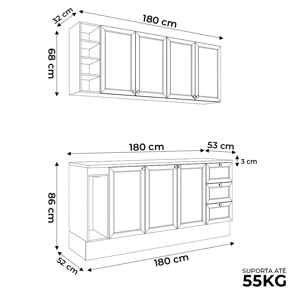 Balcão Cozinha Com Tampo 180cm E Armário Cozinha Americana Lara Freijó/fendi - Lumil