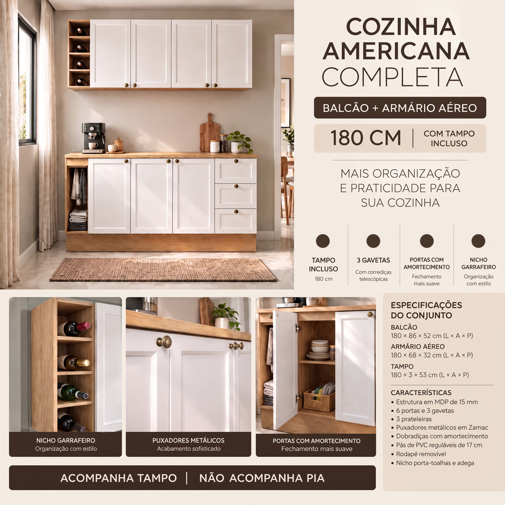 Balcão Cozinha Com Tampo 180cm E Armário Cozinha Americana Lara Freijó/branco - Lumil