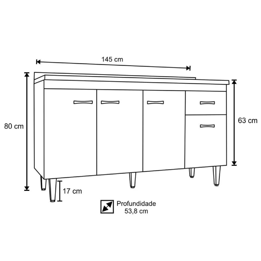 Balcão Gabinete Com Pia Inox 150cm 4 Portas Gabriela Branco/Preto - AJL Móveis