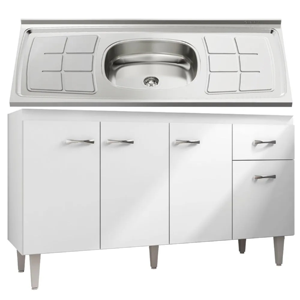 Balcão Gabinete Com Pia Inox 150cm 4 Portas Gabriela Branco/Preto - AJL Móveis