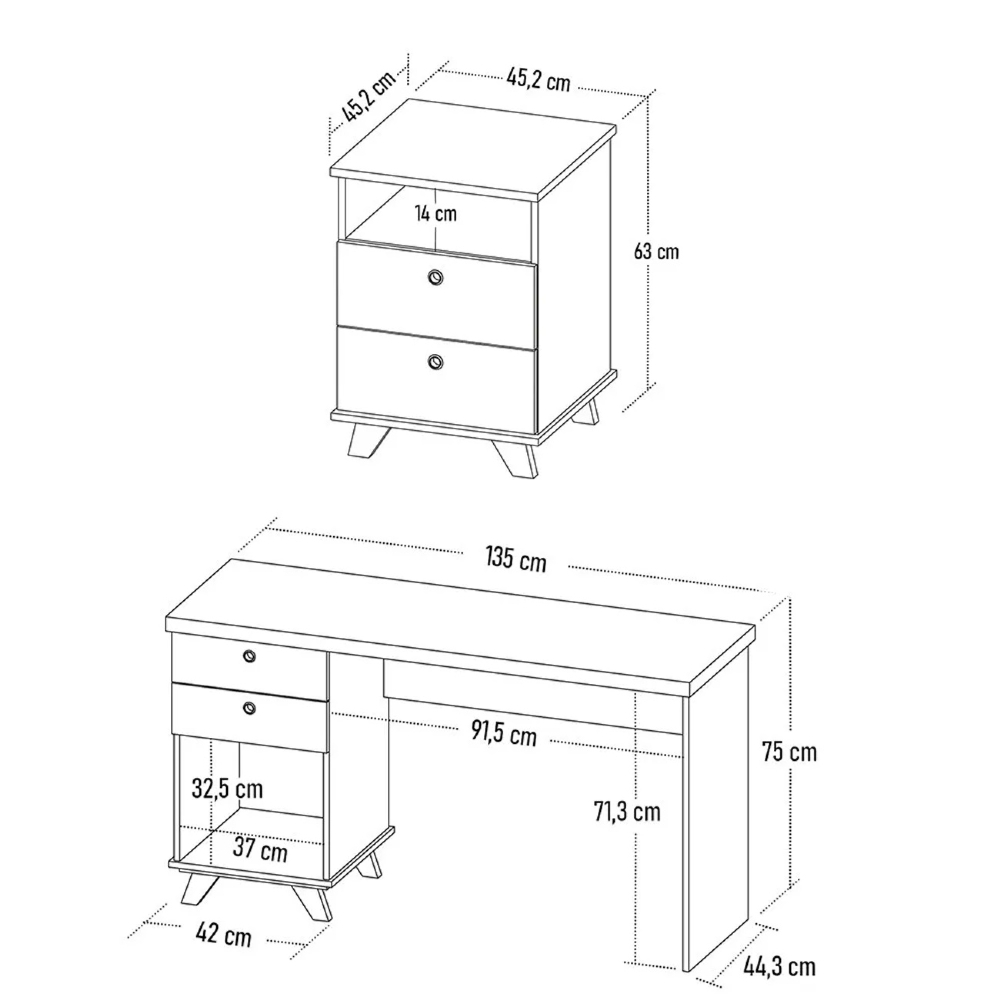 Mesa Escrivaninha 135cm Elai e Gaveteiro 2 Gavetas May A06 Olmo/Branco - Mpozenato