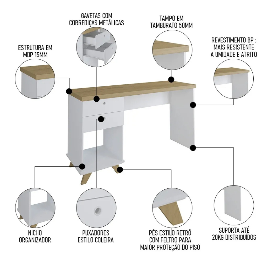 Mesa Escrivaninha 135cm Elai e Gaveteiro 2 Gavetas May A06 Olmo/Branco - Mpozenato