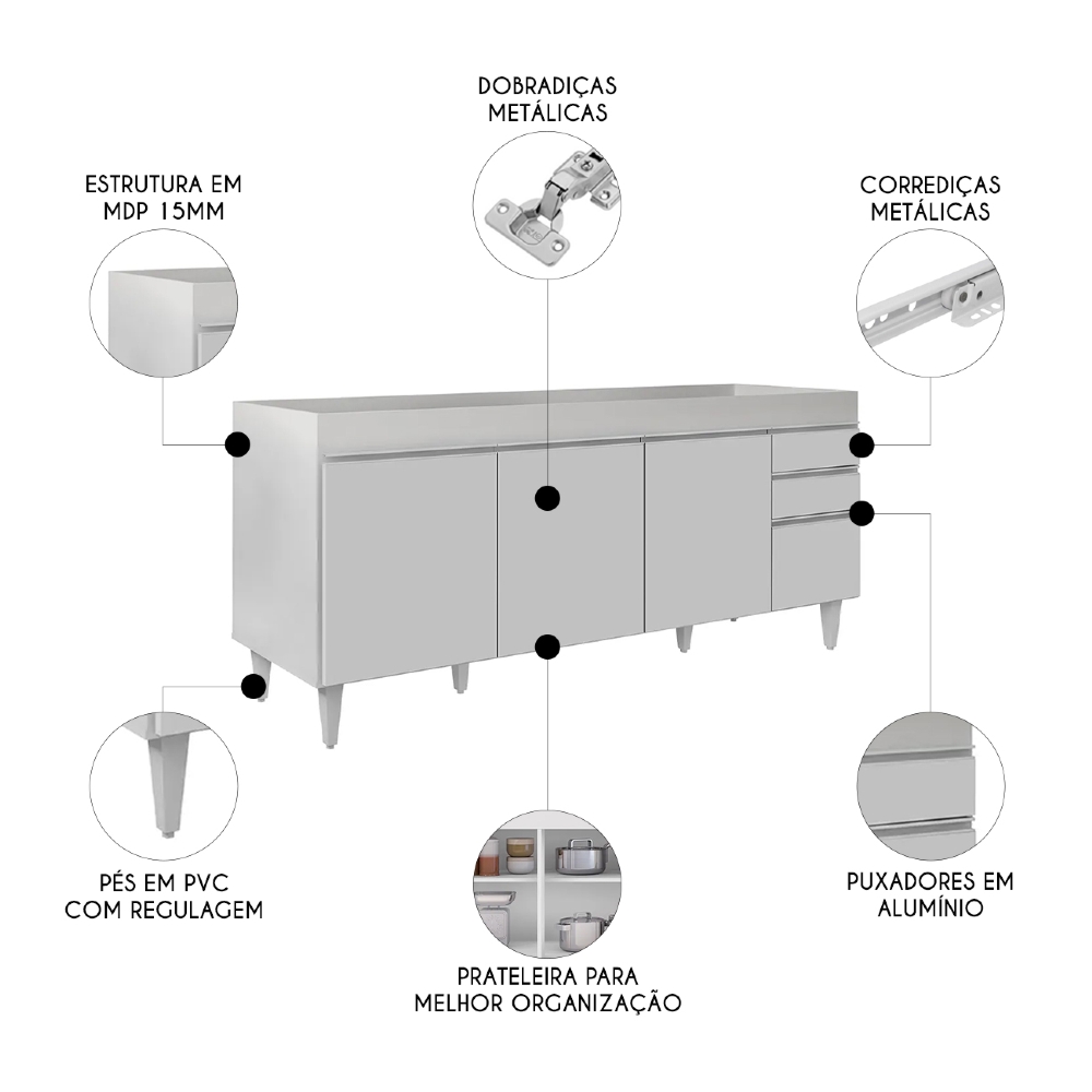 Balcão Gabinete Para Pia 180cm Sem Tampo Dallas Branco - Lumil