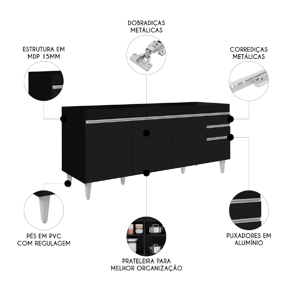 Balcão Gabinete Para Pia 180cm Sem Tampo Dallas Preto - Lumil