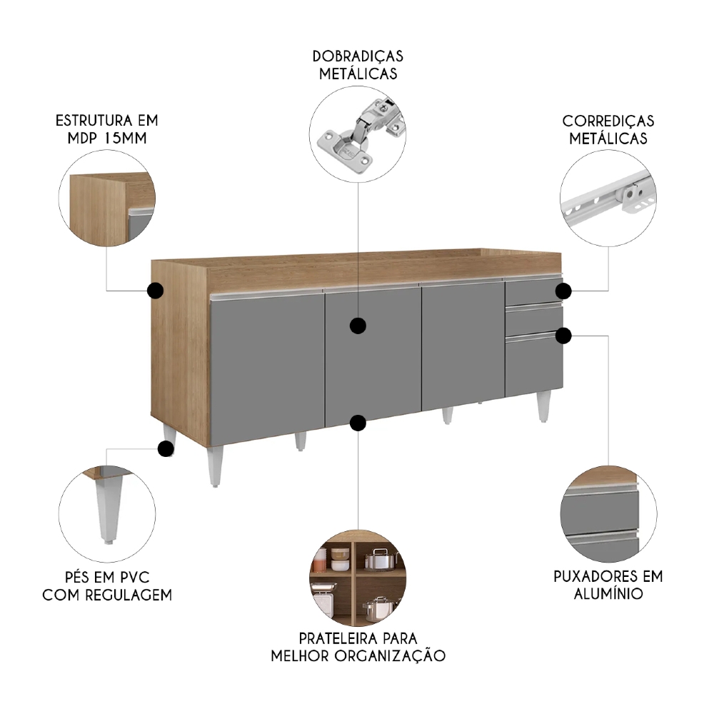 Balcão Gabinete Para Pia 180cm Sem Tampo Dallas Castanho/Cinza - Lumil