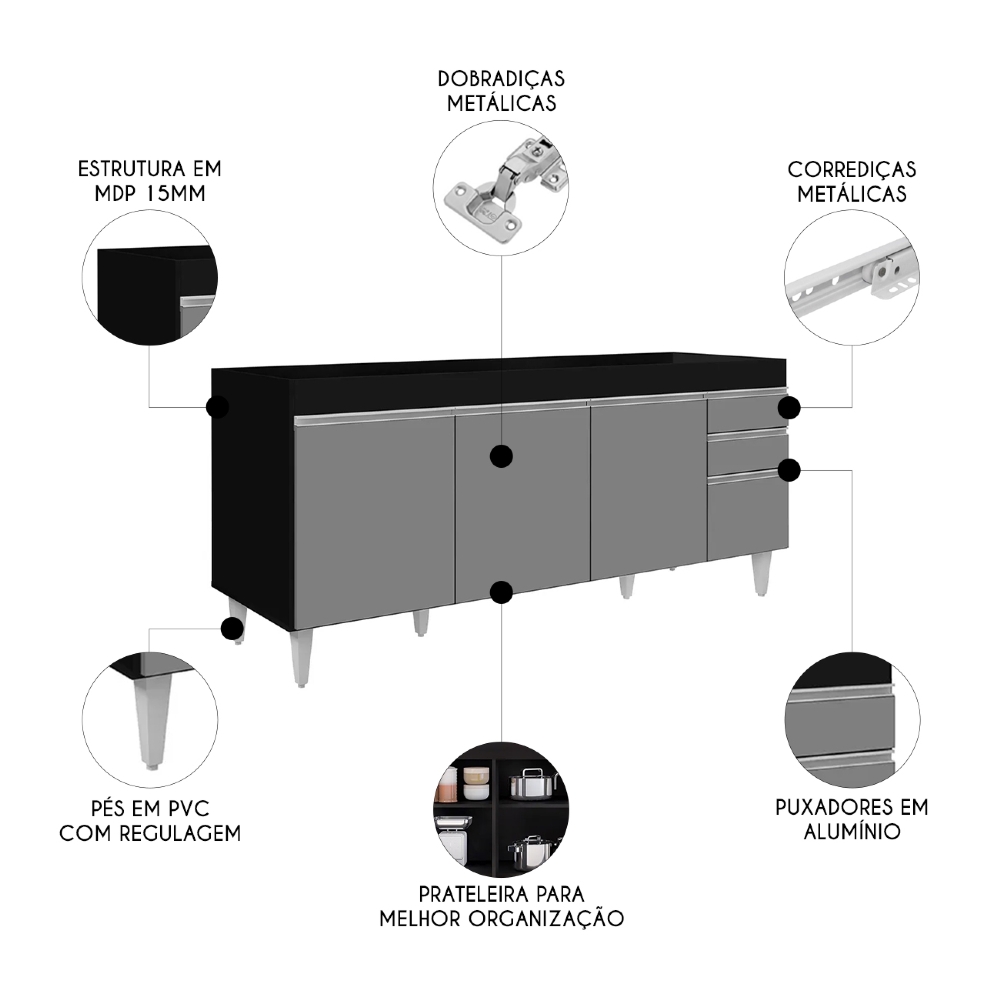 Balcão Gabinete Para Pia 180cm Sem Tampo Dallas Preto/Cinza - Lumil