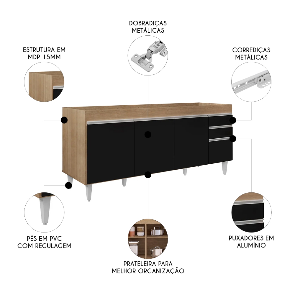 Balcão Gabinete Para Pia 180cm Sem Tampo Dallas Castanho/Preto - Lumil