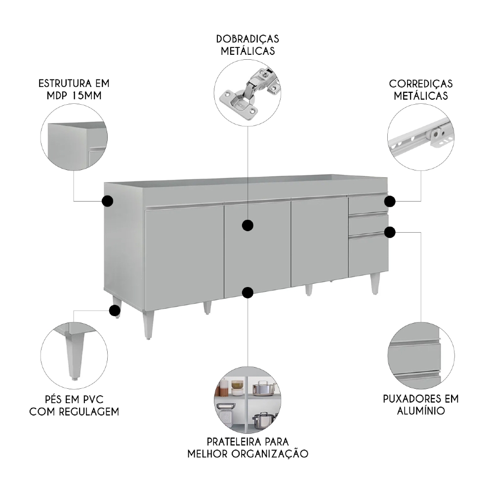 Balcão de Cozinha Para Pia 180cm 4 Portas Sem Tampo Dallas Cinza Claro - Lumil