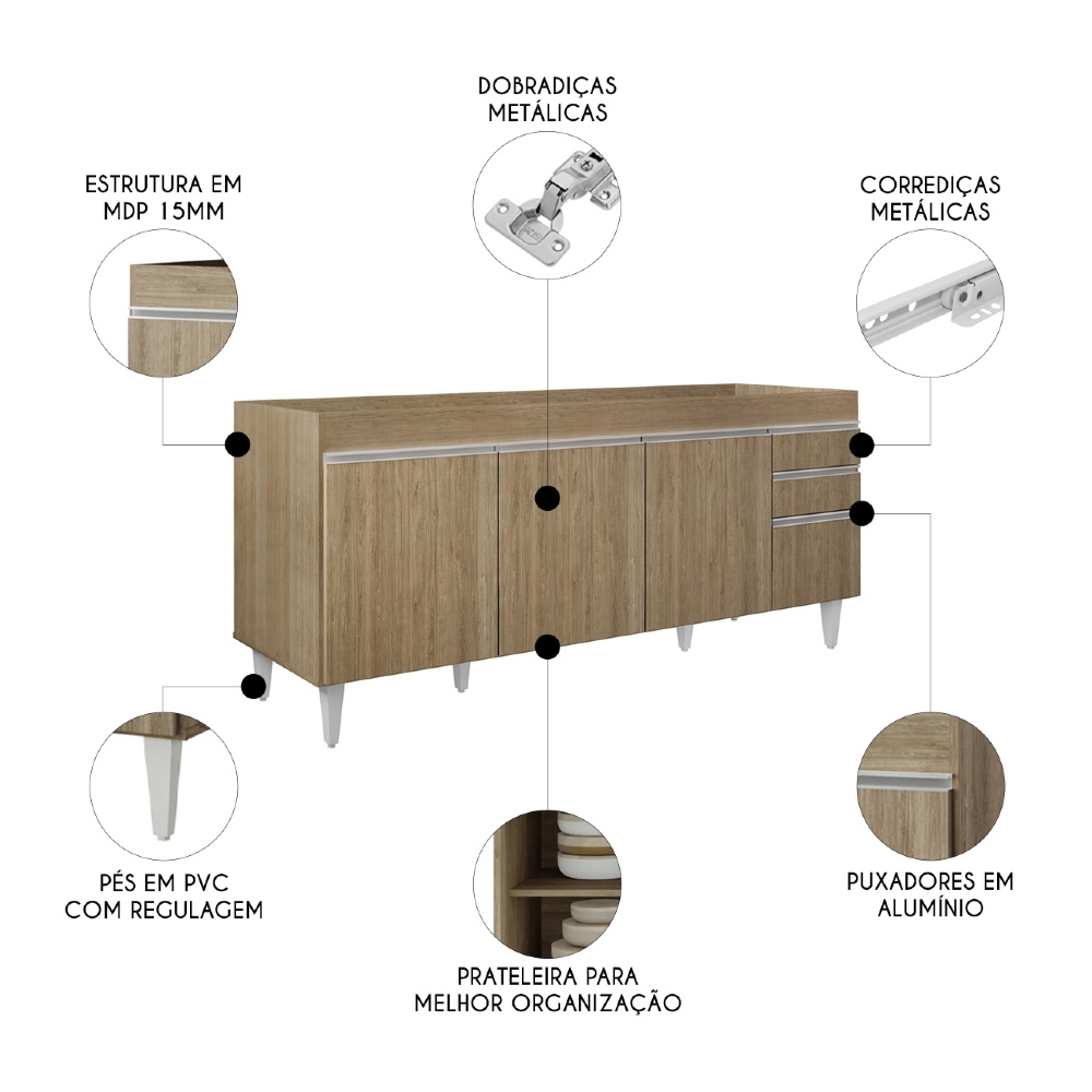 Balcão de Cozinha Para Pia 180cm Sem Tampo Dallas Castanho - Lumil