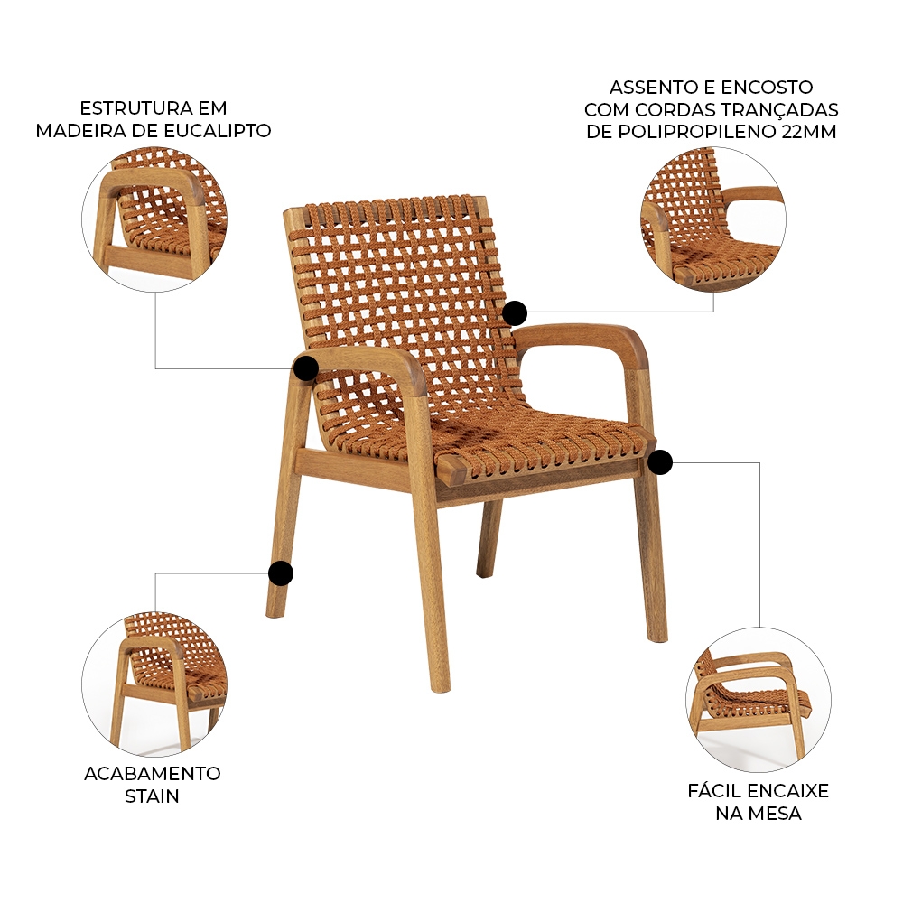 Cadeira Madeira Área Gourmet com Braço Kit 4 Tenza Jatobá/Ocre C17 - Mpozenato