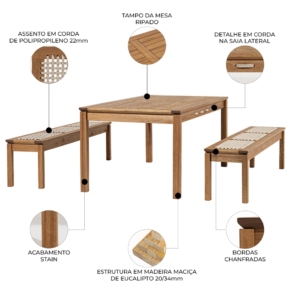 Mesa Madeira 180cm 2 Bancos Gourmet Tenza Jatobá/Areia C17 - Mpozenato