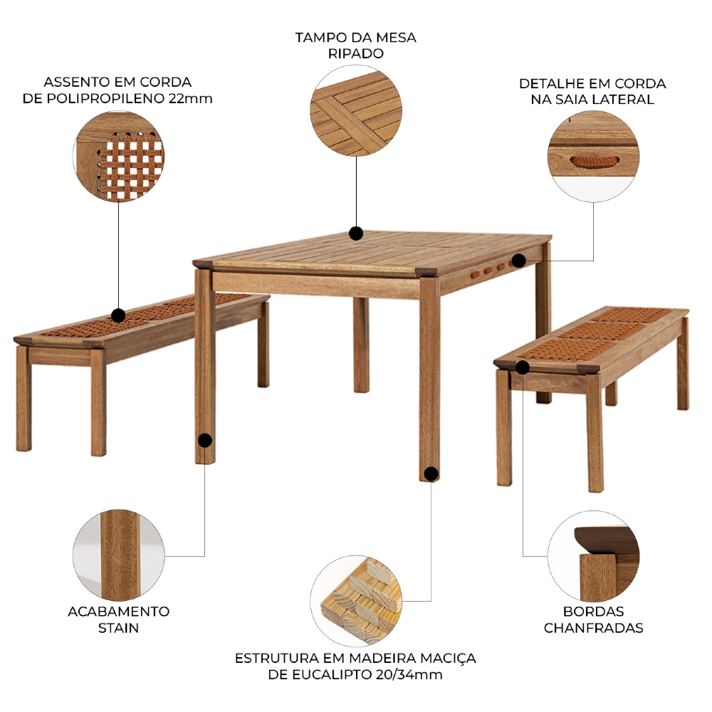 Mesa Madeira 180cm 2 Bancos Gourmet Tenza Jatobá/Ocre C17 - Mpozenato