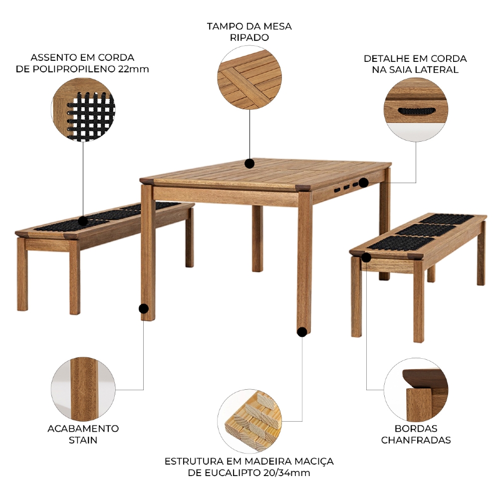 Mesa Madeira 180cm 2 Bancos Gourmet Tenza Jatobá/Preta C17 - Mpozenato