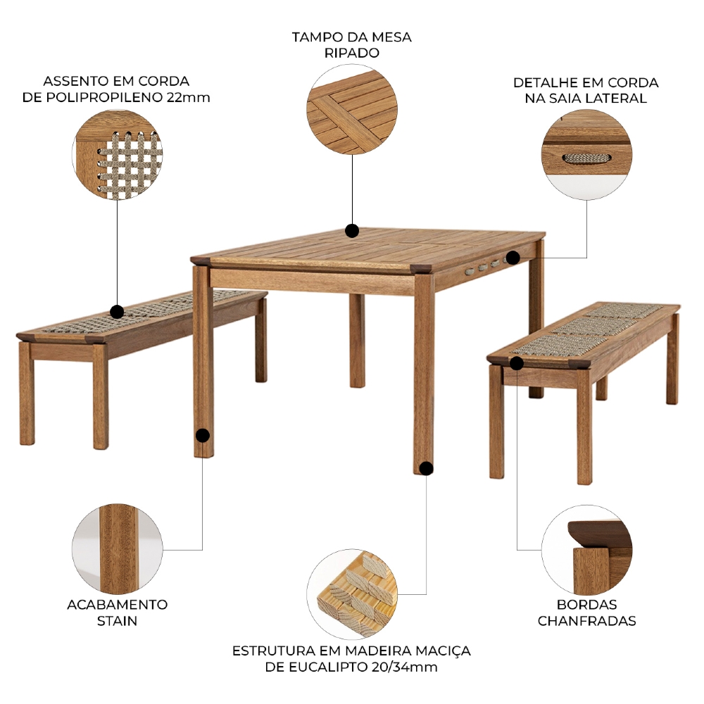 Mesa Madeira 180cm 2 Bancos Gourmet Tenza Jatobá/Rami C17 - Mpozenato