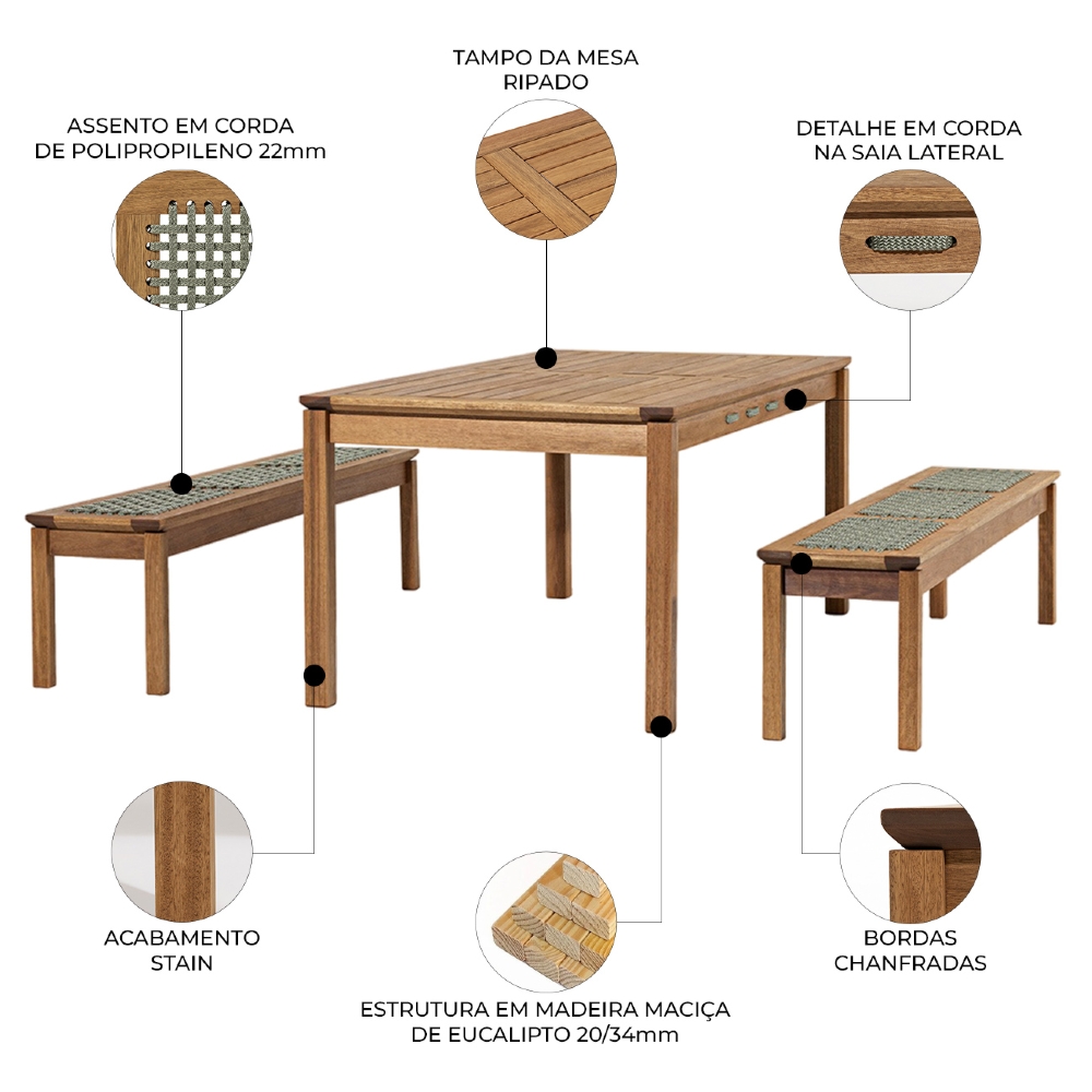Mesa Madeira 180cm 2 Bancos Gourmet Tenza Jatobá/Verde Olivia C17 - Mpozenato
