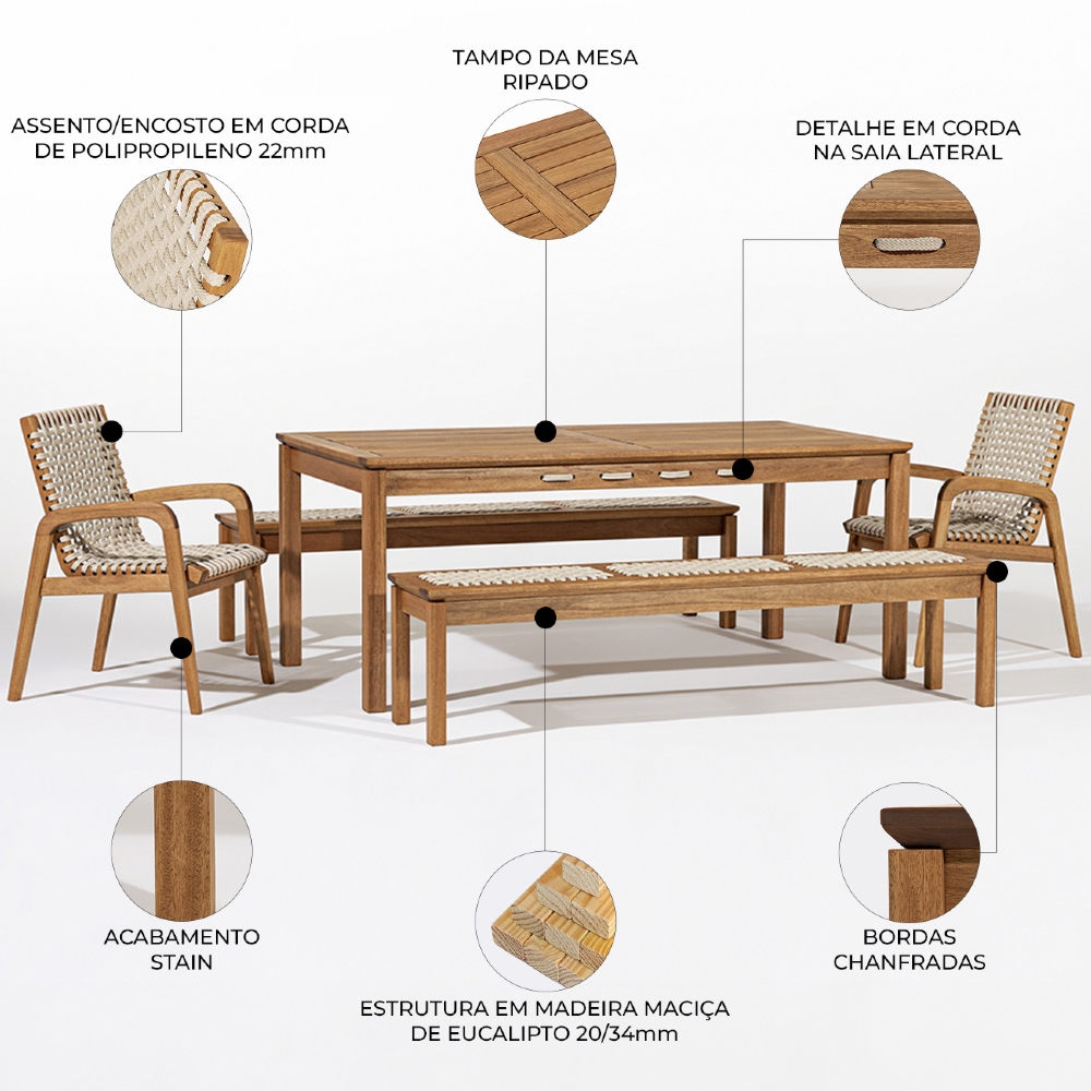 Mesa Madeira 180cm 2 Cadeiras e 2 Bancos Tenza Jatobá/Areia C17 - Mpozenato