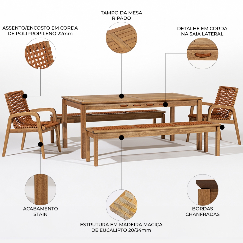 Mesa Madeira 180cm 2 Cadeiras e 2 Bancos Tenza Jatobá/Ocre C17 - Mpozenato