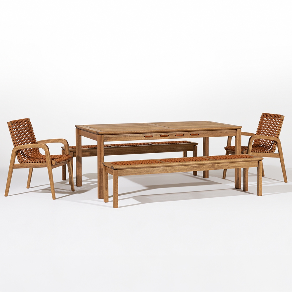 Mesa Madeira 180cm 2 Cadeiras e 2 Bancos Tenza Jatobá/Ocre C17 - Mpozenato