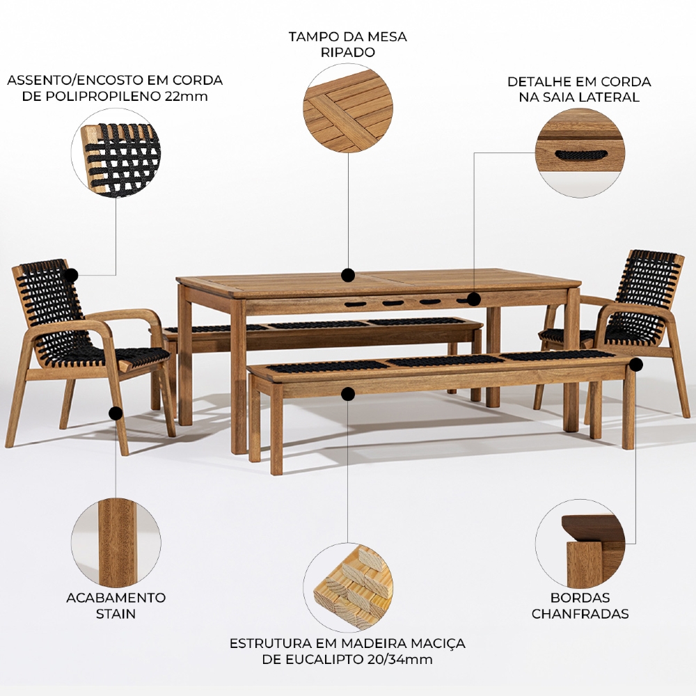 Mesa Madeira 180cm 2 Cadeiras e 2 Bancos Tenza Jatobá/Preta C17 - Mpozenato
