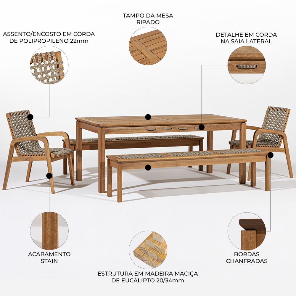 Mesa Madeira 180cm 2 Cadeiras e 2 Bancos Tenza Jatobá/Rami C17 - Mpozenato