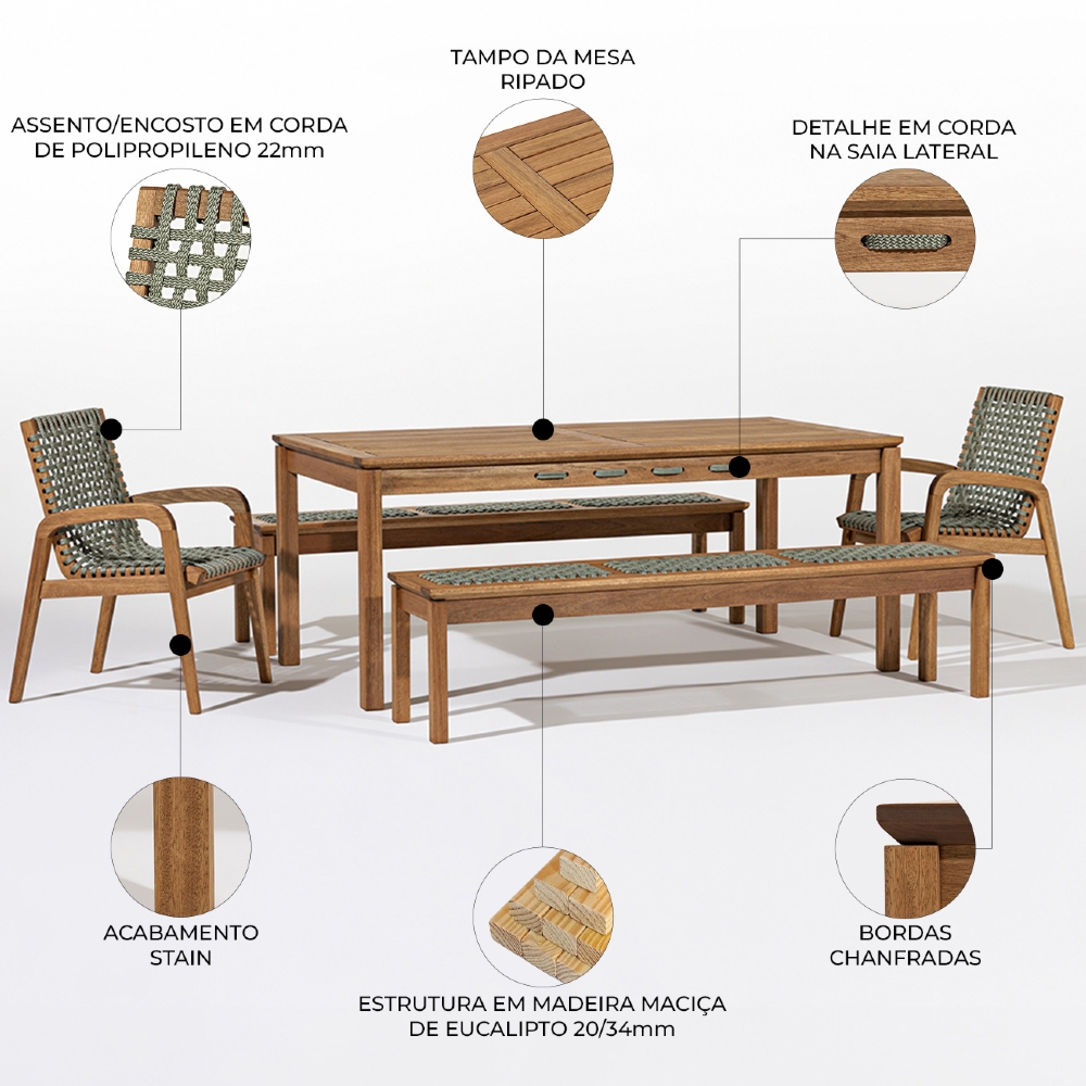 Mesa Madeira 180cm 2 Cadeiras e 2 Bancos Tenza Jatobá/Verde Olivia C17 - Mpozenato