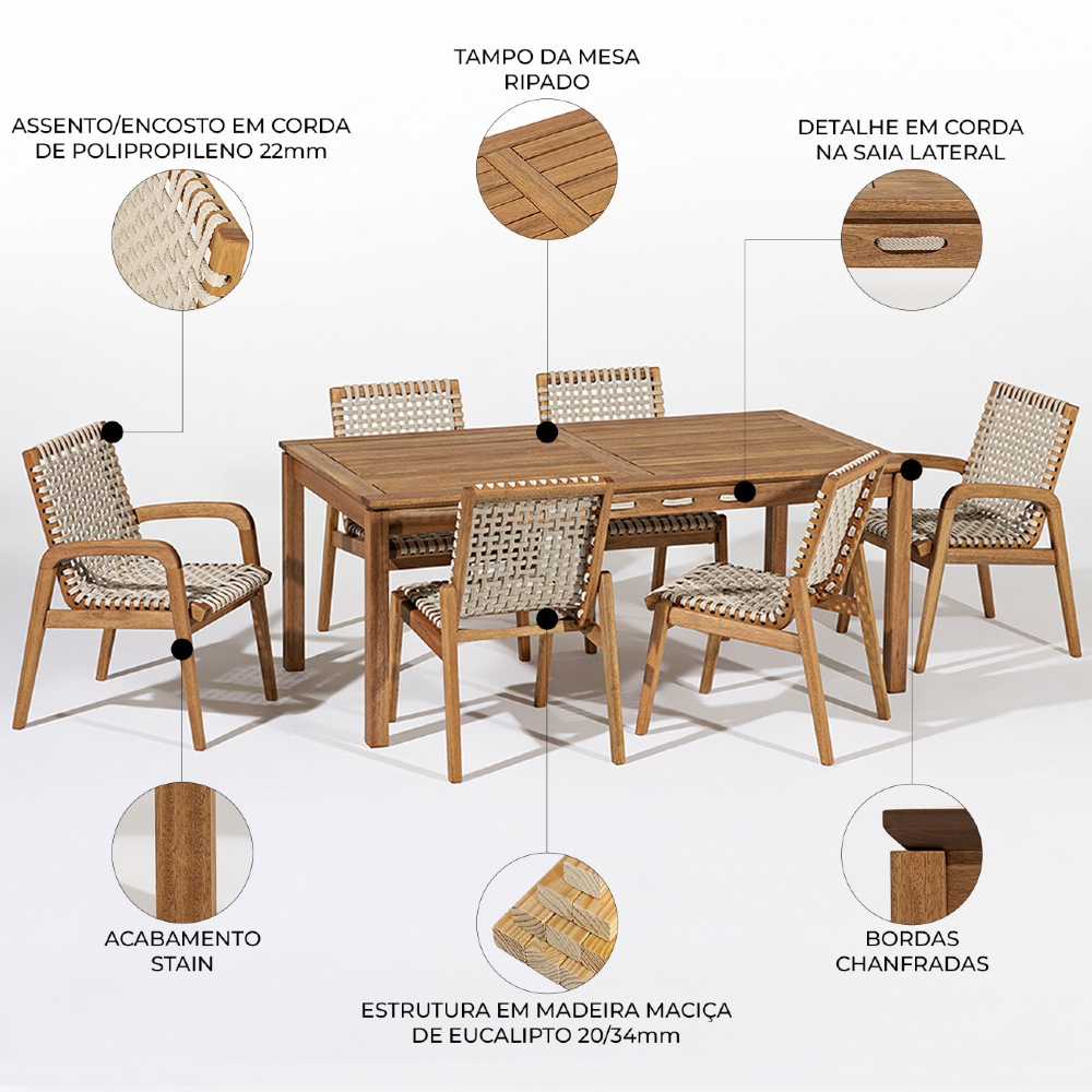 Mesa Madeira 180cm 6 Cadeiras Gourmet Tenza Jatobá/Areia C17 - Mpozenato