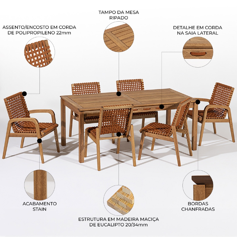 Mesa Madeira 180cm 6 Cadeiras Gourmet Tenza Jatobá/Ocre C17 - Mpozenato